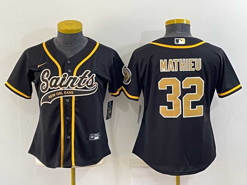Womens New Orleans Saints #32 Tyrann Mathieu Black With Patch Cool Base Stitched Baseball Jersey